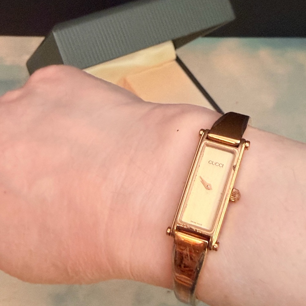 Gucci Gold-Tone Rectangular Watch with Brown Leat… - image 1